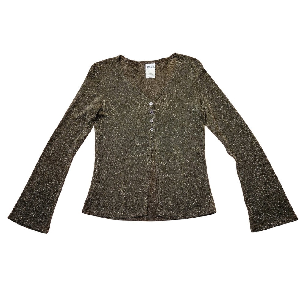 JALATE M Gold Sparkle Knit Button Front Bell‎ Sleeve Top USA Babydoll Whimsigoth